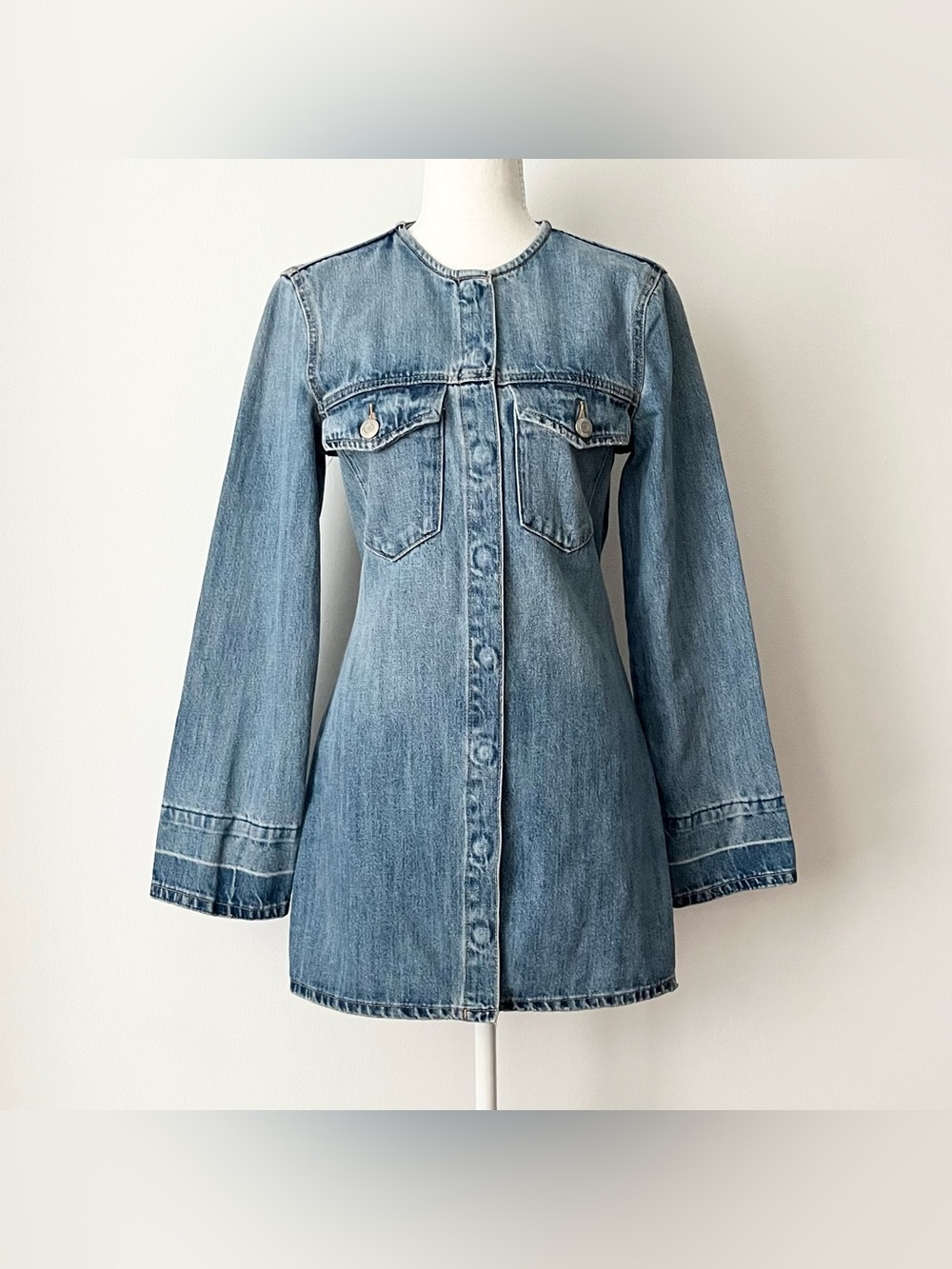 Zara Denim Mini Dress XS Kimono Sleeves Collarless Buttons Bodycon Sexy Club